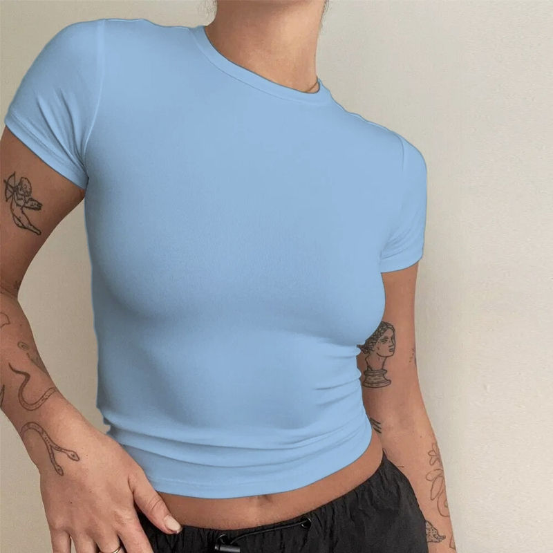 Thumbnail: Woman Clothing Short Sleeve T-shirt Slim Fit Tops Female O-Neck Knitted Sheath T