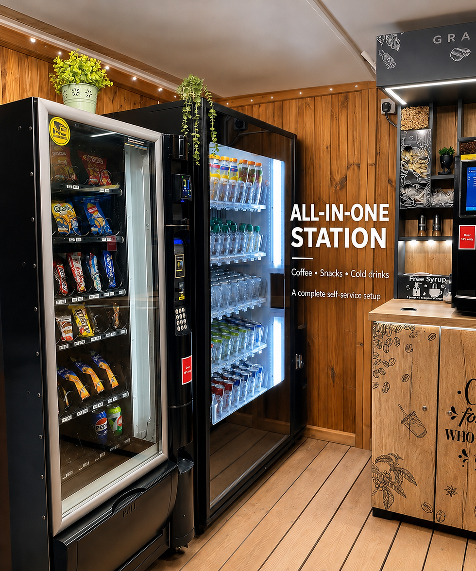 Concept image of an all-in-one snack, drink and coffee vending station