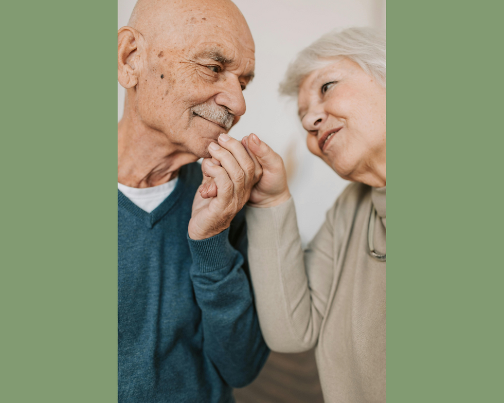 Elderly couple sharing a tender moment, showcasing their enduring and happy connection.