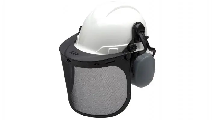 White Hard hat Face Shield Earmuff forestry safety kit. Tree cutting