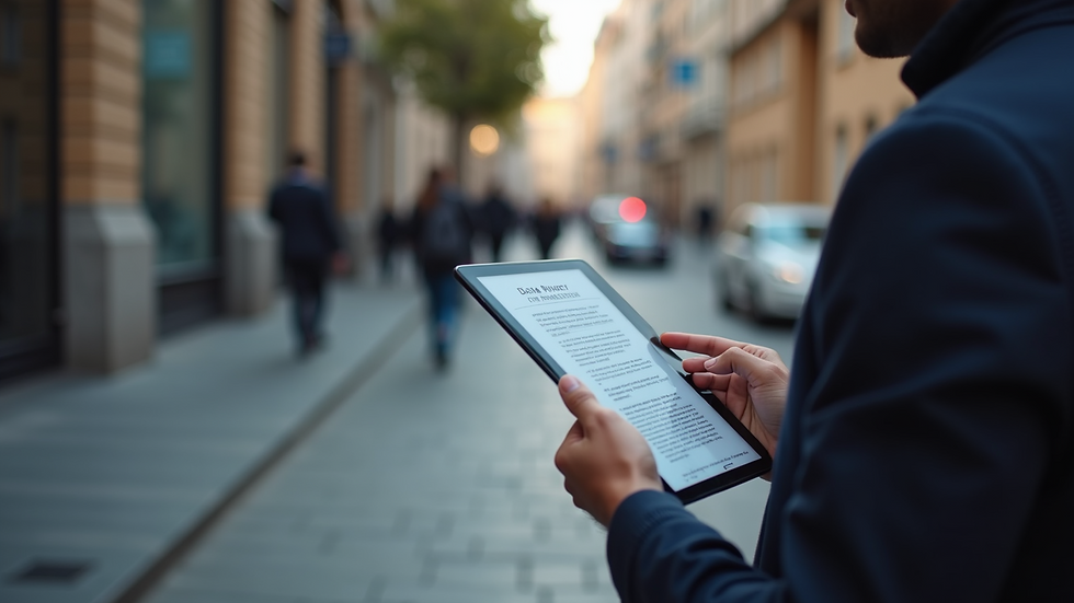Eye-level view of a person reading data privacy policy on a tablet