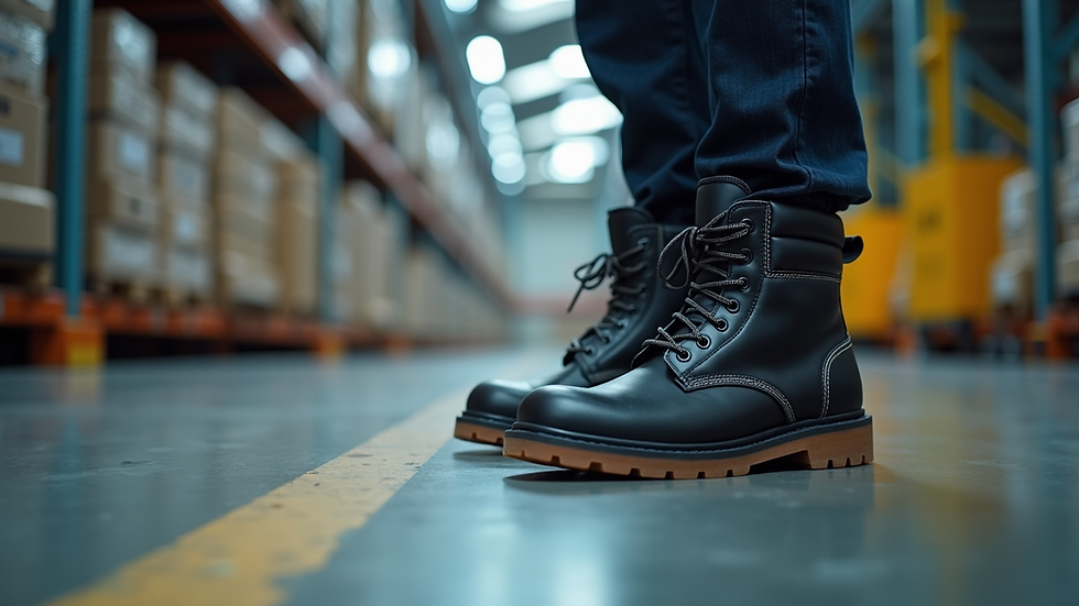 Close-up view of safety boots on a workplace floor