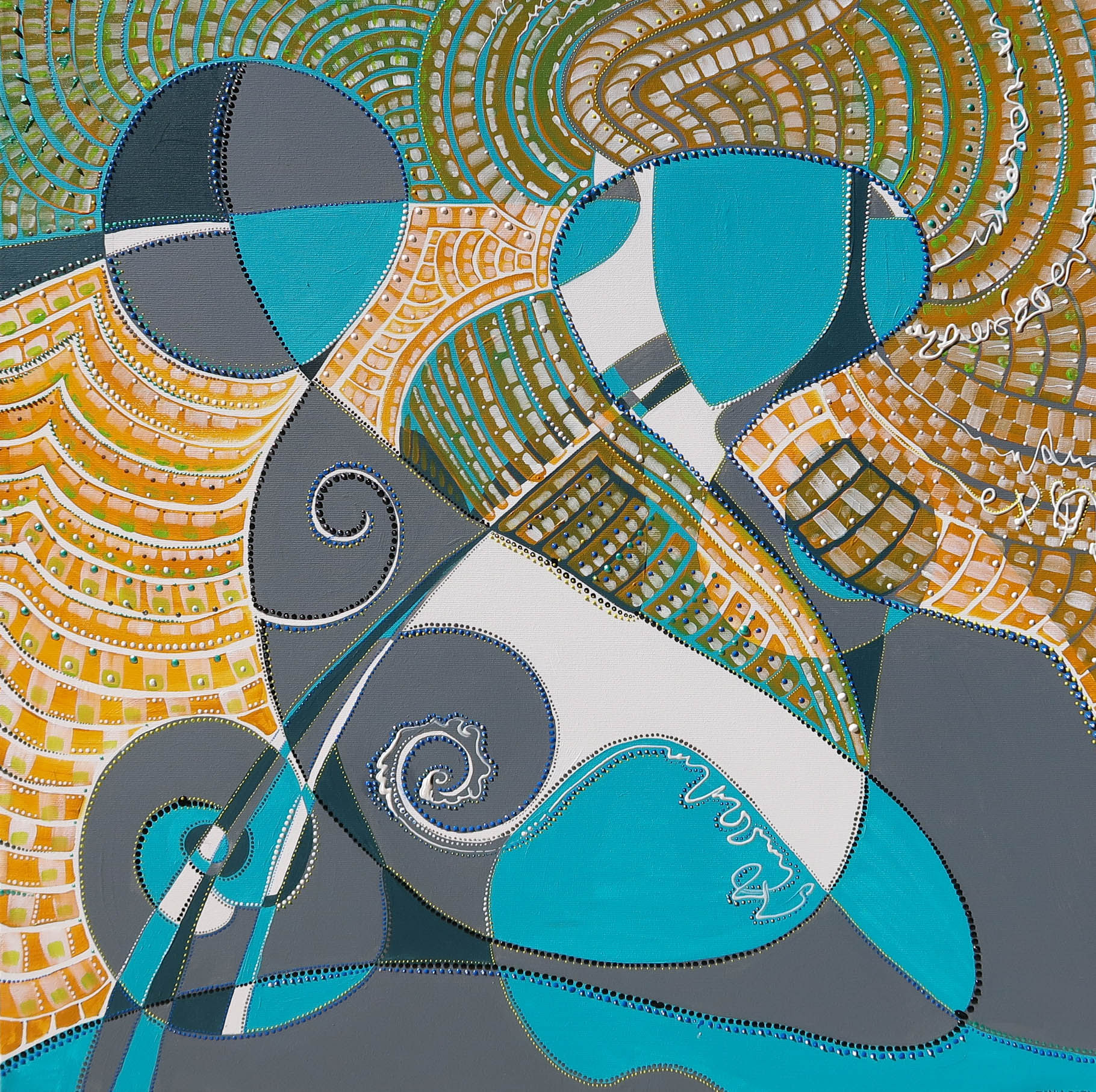 ציור אבסטרקט דמות כחול אפור כתום 70*70 ס"מ