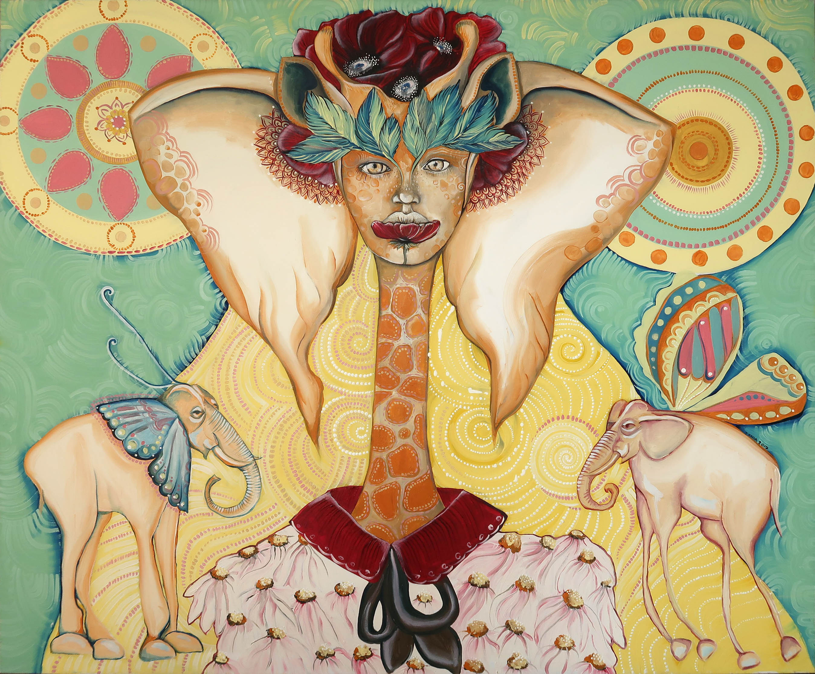 ציור מקורי, צבעי שמן, סוריאליסטי, פילים מעופפים 100*120 ס"מ