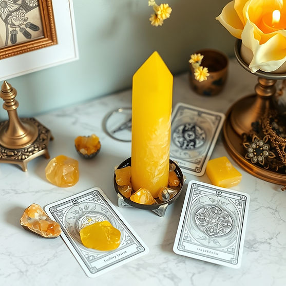 yellow crystals and oracle cards on a female desk.jpg