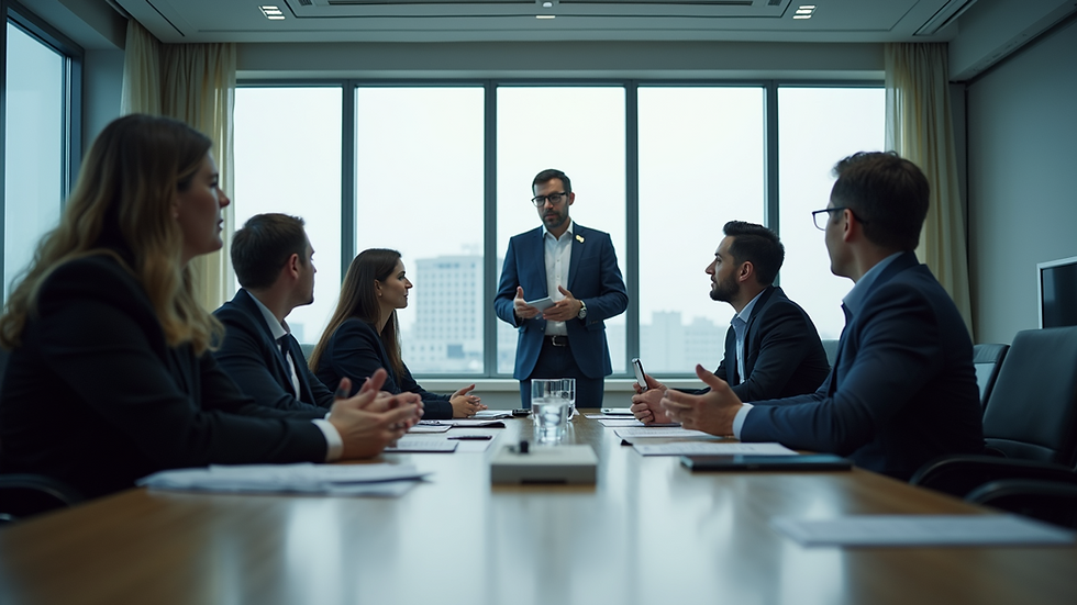 Eye-level view of a modern office conference room with executives discussing strategy
