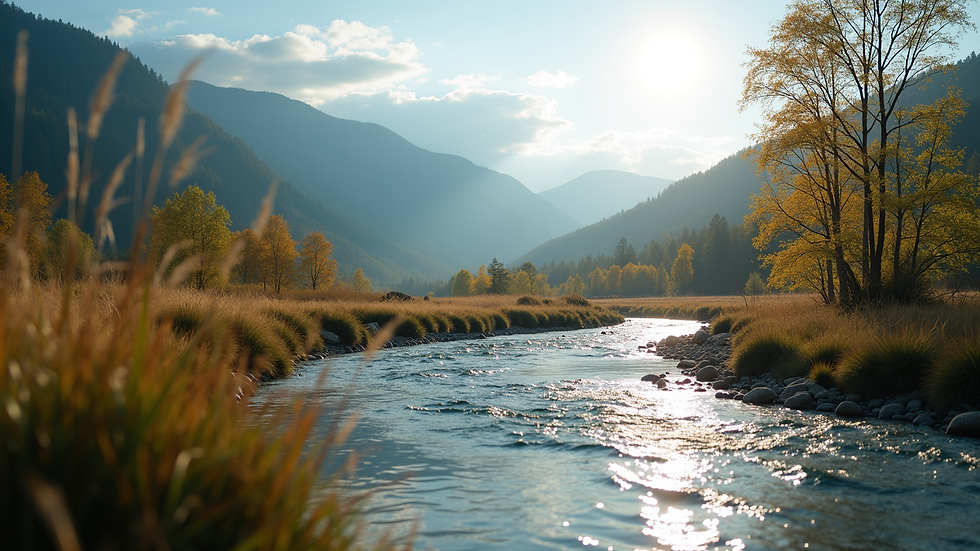 Eye-level view of a serene landscape with a winding river
