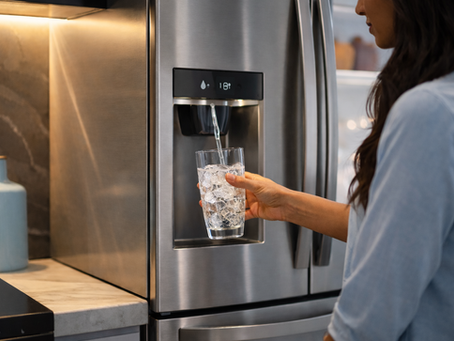 Person filling a water glass from the refrigerator dispenser.