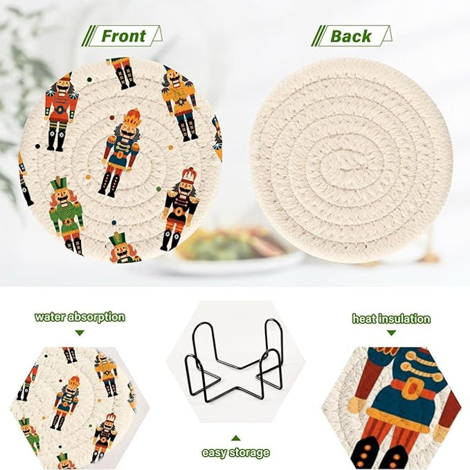 Miniatura: SDMKA Christmas Nutcrackers 6 Pcs Cotton Woven Coasters with Holder