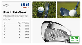 Digital Pro Shop promotion display showing Callaway iron set with pricing and discount offer on a golf club TV screen