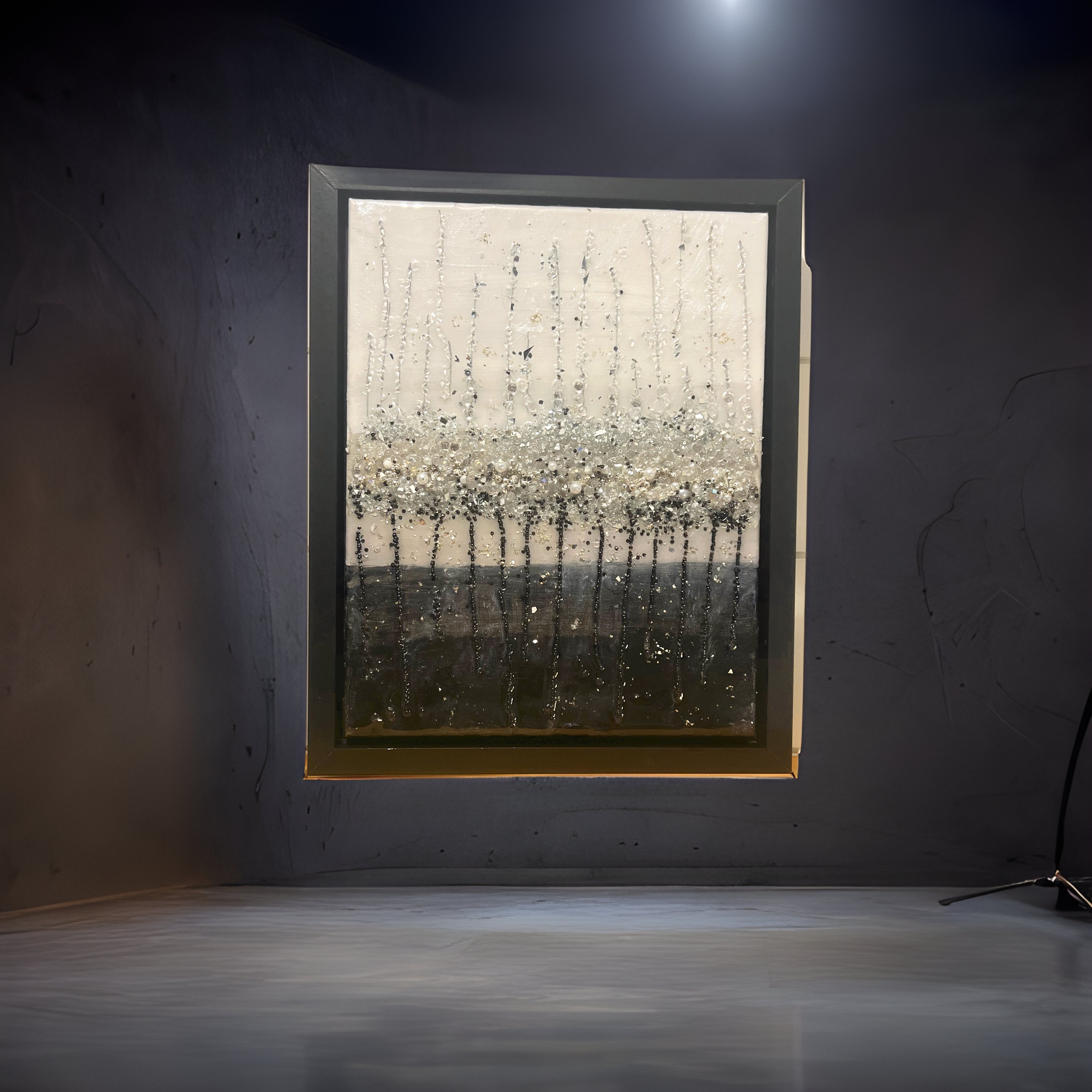 Black ,grey crystals, beads and pearl wall hanging 