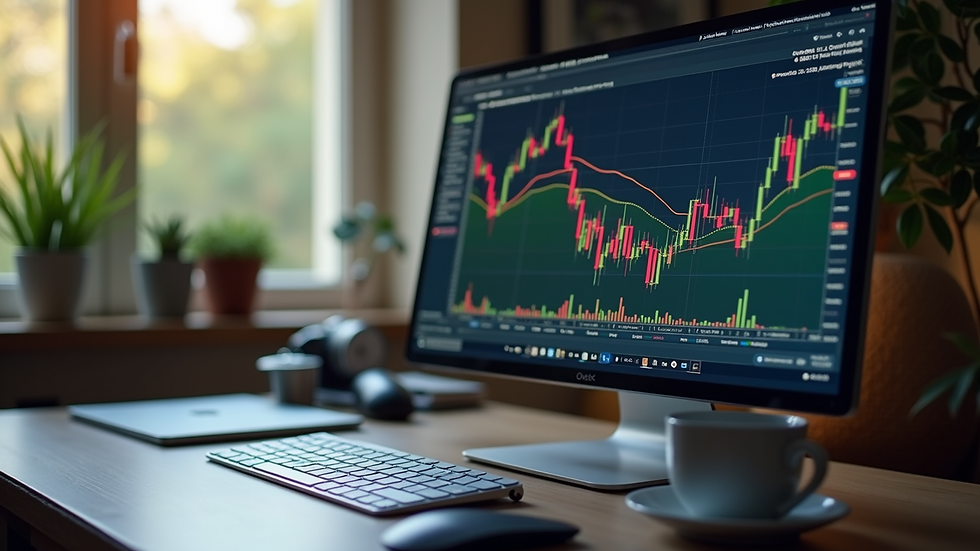 High angle view of a peaceful and ordered workspace for trading cryptocurrency