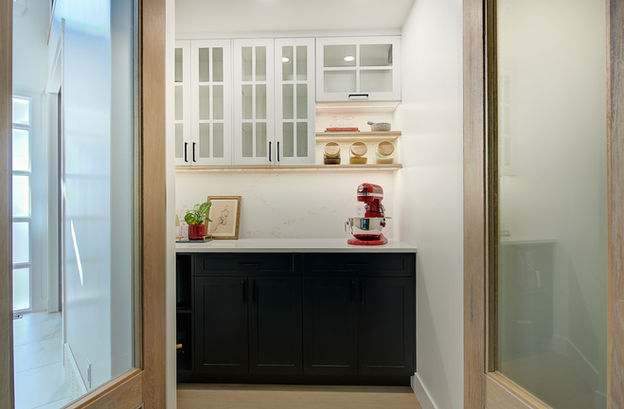 closet conversion, pantry, bar, black cabinets, stratohanstone, quartz backsplash, wood doors, custom, renovation, storage, hickory shelves, interior design, under cabinetry lighting, tiny bar area, Kelowna, okanagan, upper mission, general contracting, interior design, small renovation