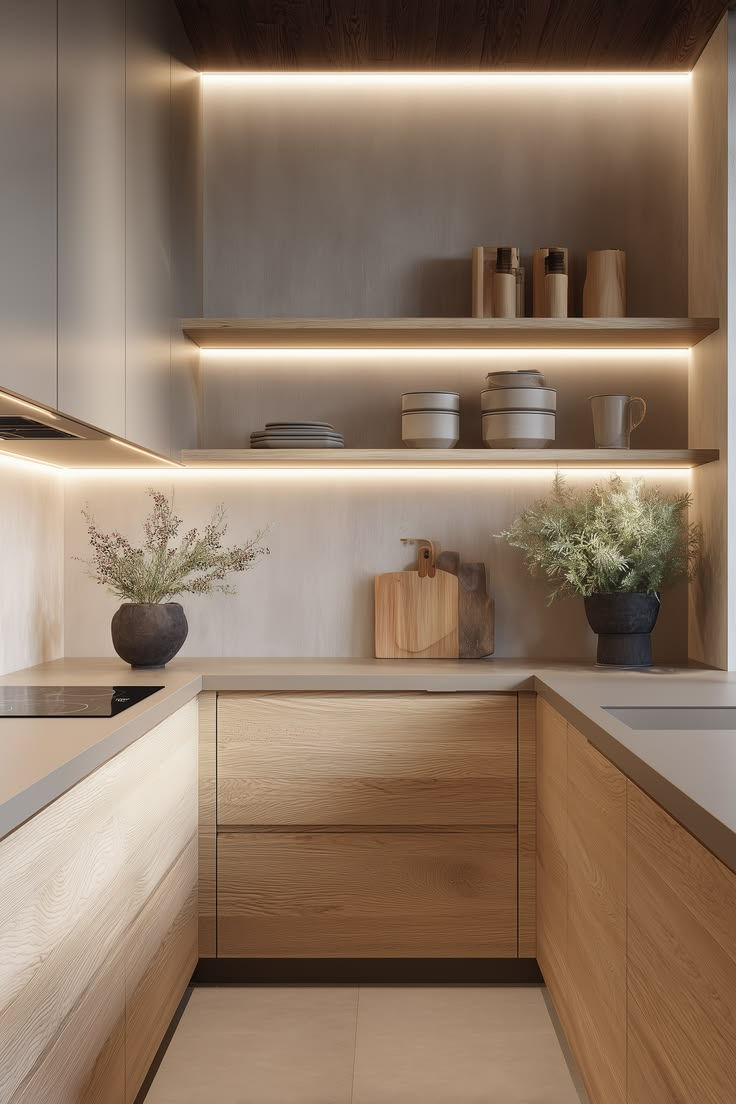 Modern kitchen with wood cabinets, open shelves, potted plants, and cutting boards illuminated by warm under-shelf lighting. Neutral tones.