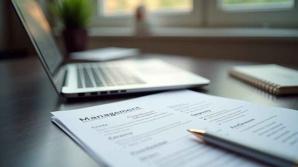 Eye-level view of a neat desk with a laptop and a management CV draft