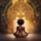 Firefly brown skin woman with an afro meditating with her back turned facing a golden alch