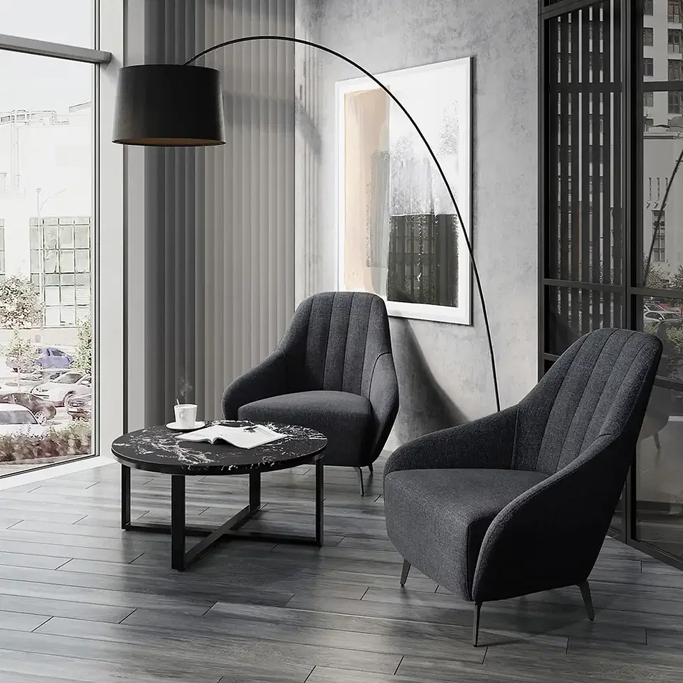 Thumbnail: Two gray chairs beside a round table, lamp in a modern living room