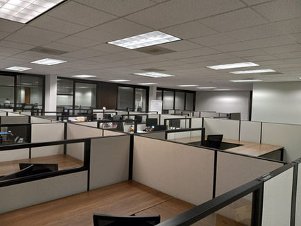 Empty cubicle workspace with many cubicles and overhead lighting in a modern office.