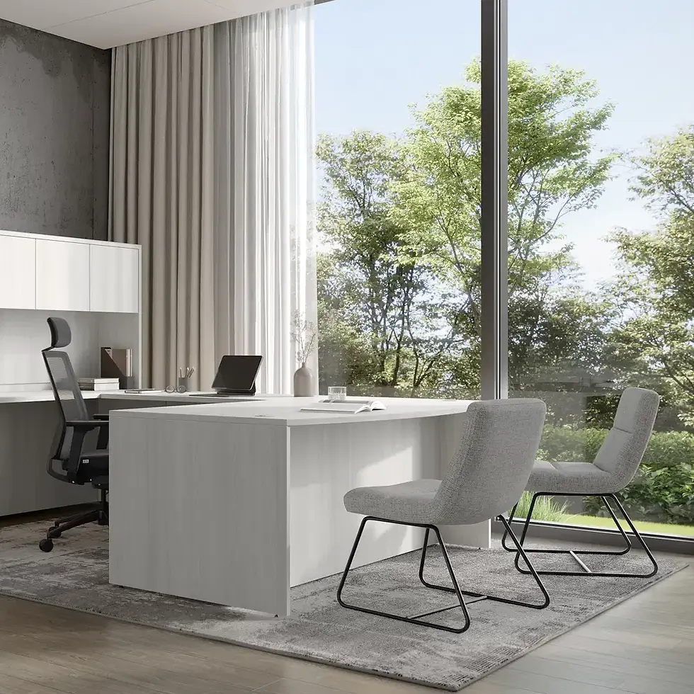 Modern office space with desk, chairs, and large window, natural light.