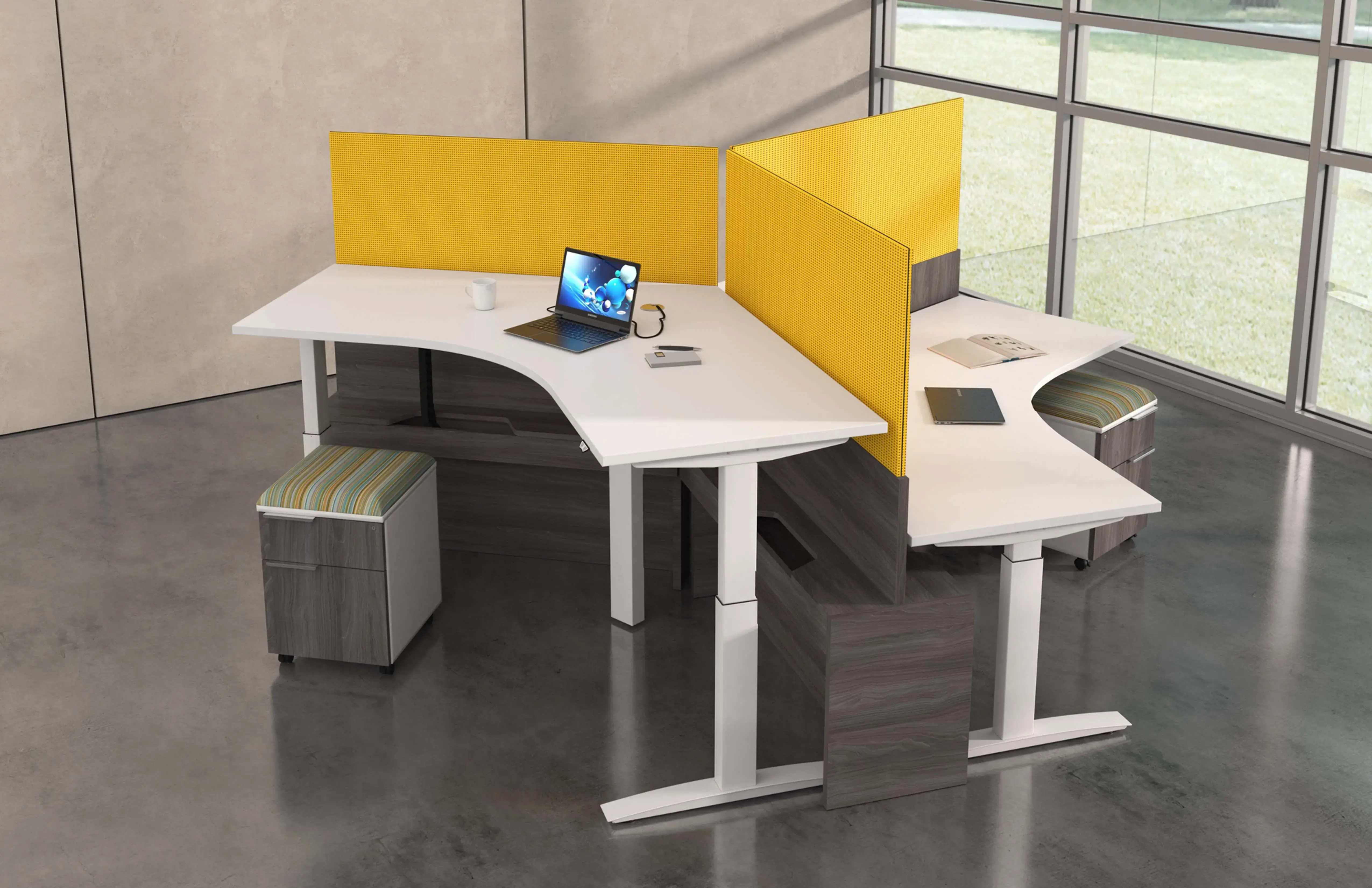 Modern office desks with computer and yellow divider L Desk WS D83