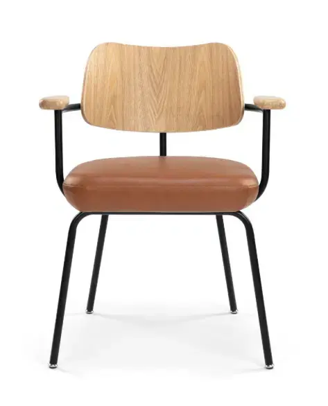 Thumbnail: Brown leather seat wooden chair with black legs; Fullerton Chair design.