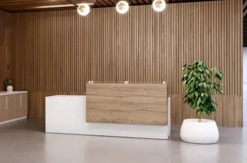 Modern reception desk with wooden paneling and a potted plant Austin Office Furniture