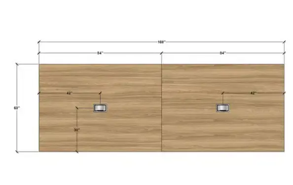 Thumbnail: Wooden desk with measurements and L Desk WS D83, top view, dimensions visible.