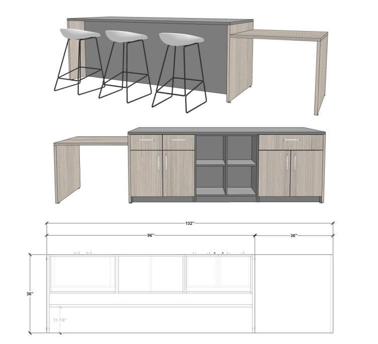 Thumbnail: Modern kitchen island with three bar stools, dimensions, and diagram in view.