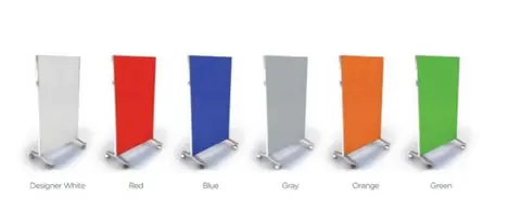 Mobile partitions in six colors: Designer White, Red, Blue, Gray, Orange, Green