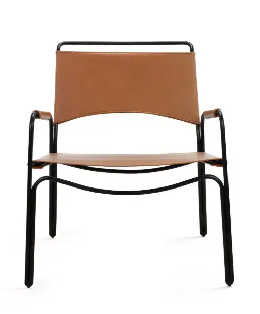 Modern brown leather chair with black metal frame on white background.