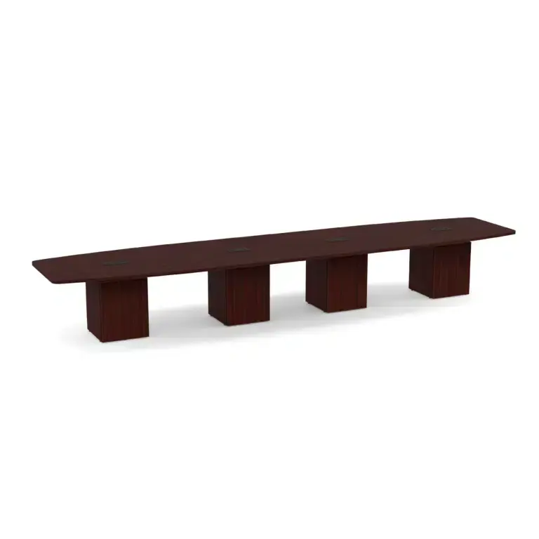 Thumbnail: Long brown office conference table with four supporting blocks on white background.
