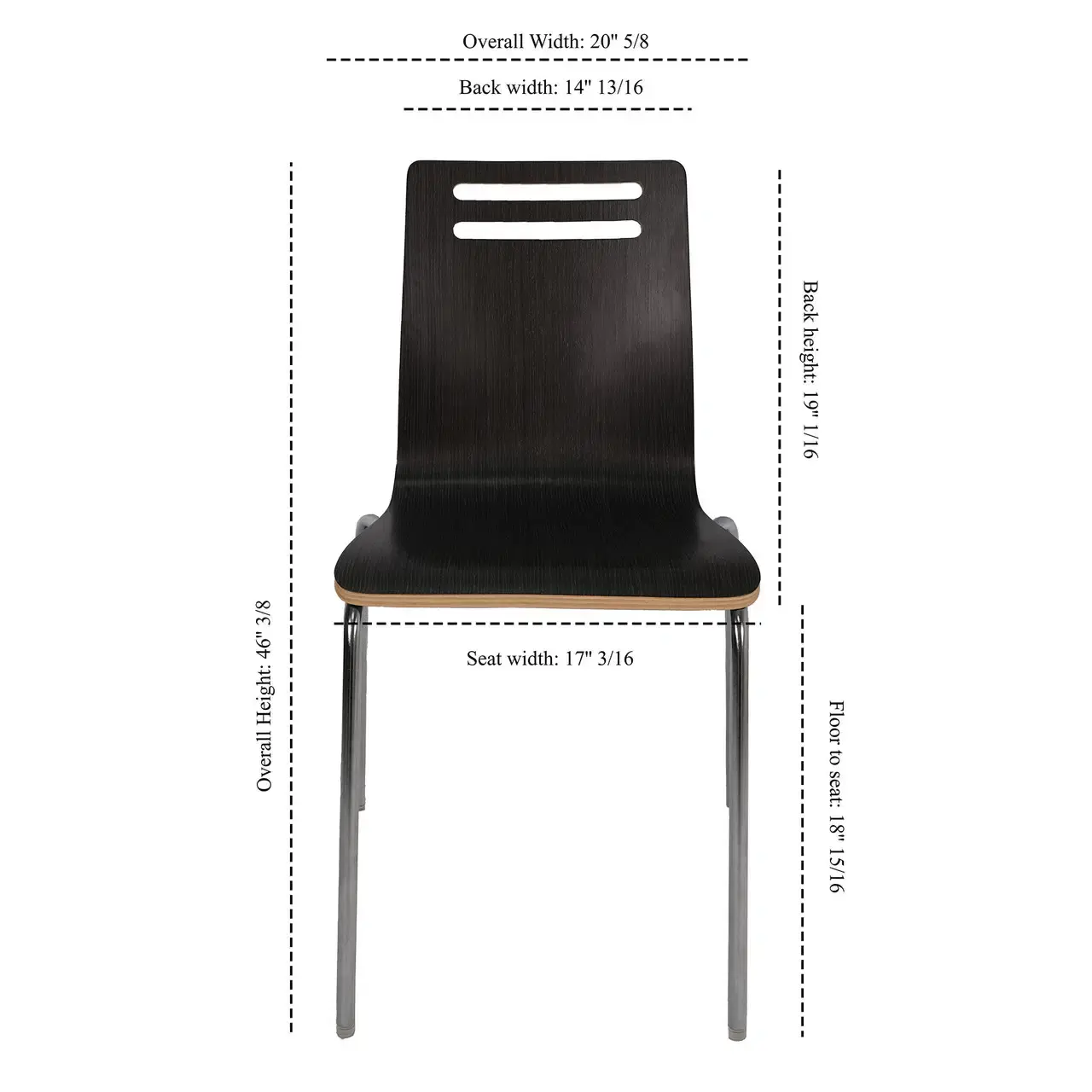 Black chair with dimension labels on a white background. Fullerton Chair.