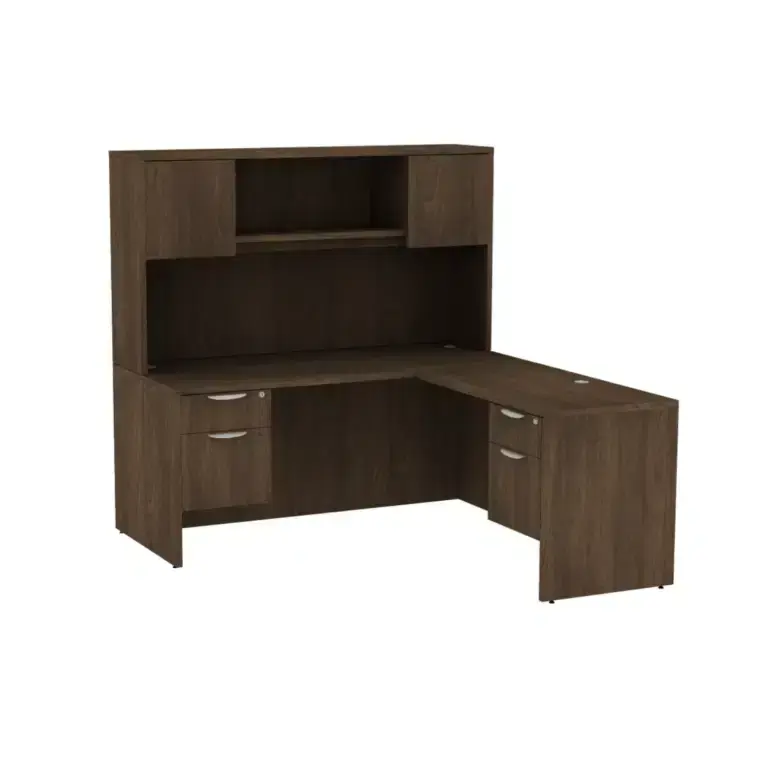 Thumbnail: Brown L-shaped desk with drawers and overhead storage in an office room.