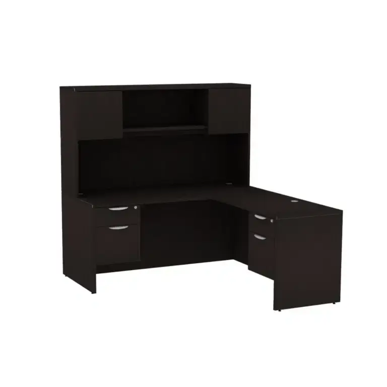 Thumbnail: Dark brown L shape desk with wall mounted storage for office use.