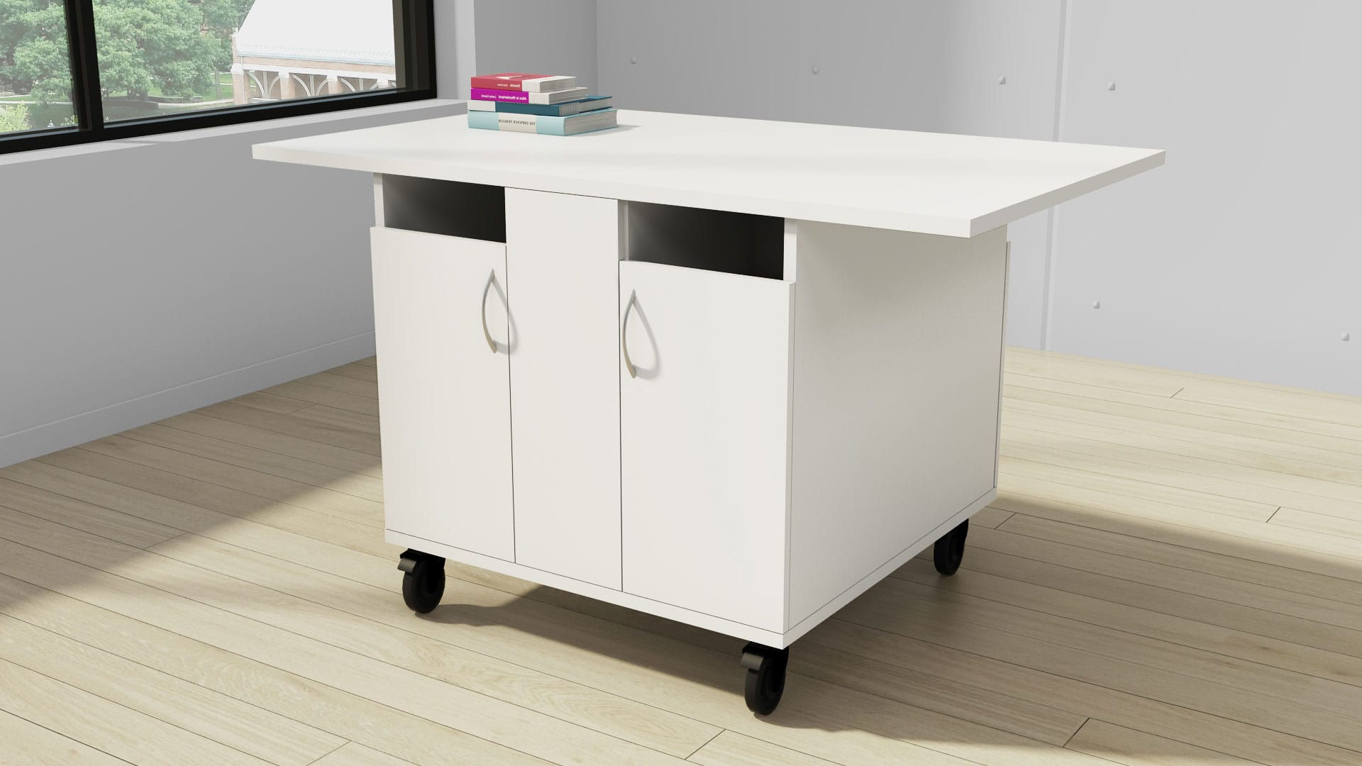 White modern workstation with storage, books on top. Modern Workstation cubicle Texas.