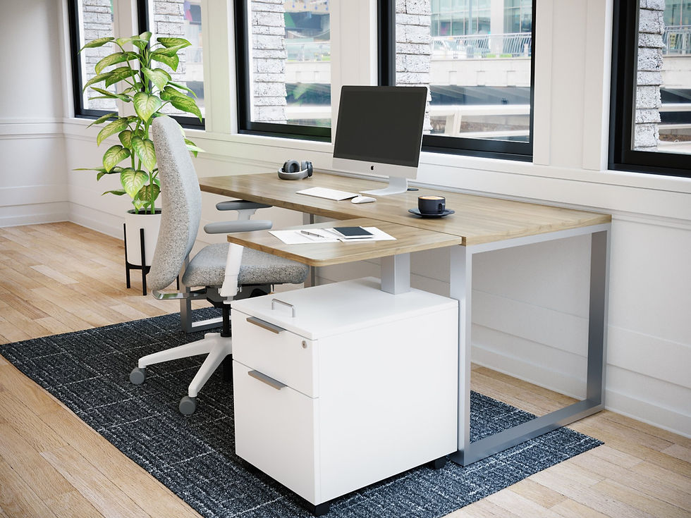 Modern workstation desk with computer and chair near window