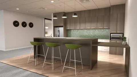 Modern office breakroom with kitchen