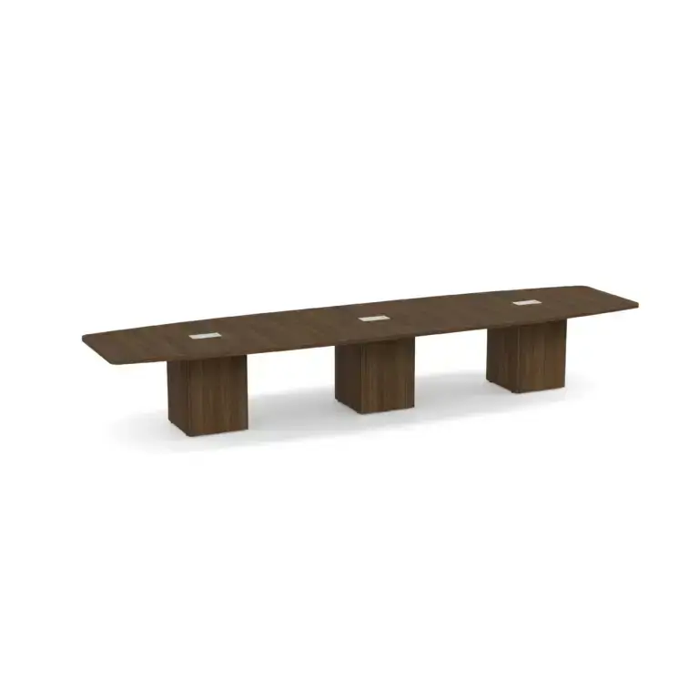 Thumbnail: Long conference table with power outlets on three wooden cube legs.