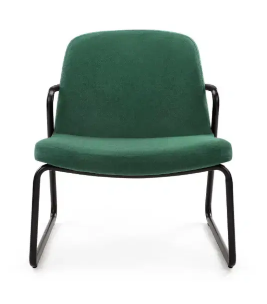 Thumbnail: Green upholstered chair with black frame; Platform Chair in studio setting.