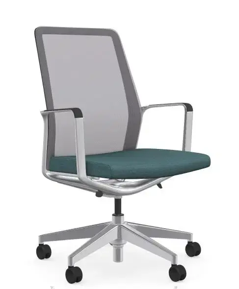 Thumbnail: Ergonomic office chair with teal seat and silver frame, comfortable and modern