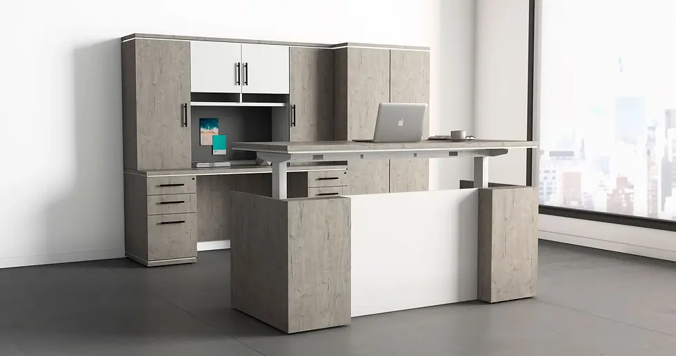 Modern office with laptop on 48" x 24" Adjustable Desk and cabinets.