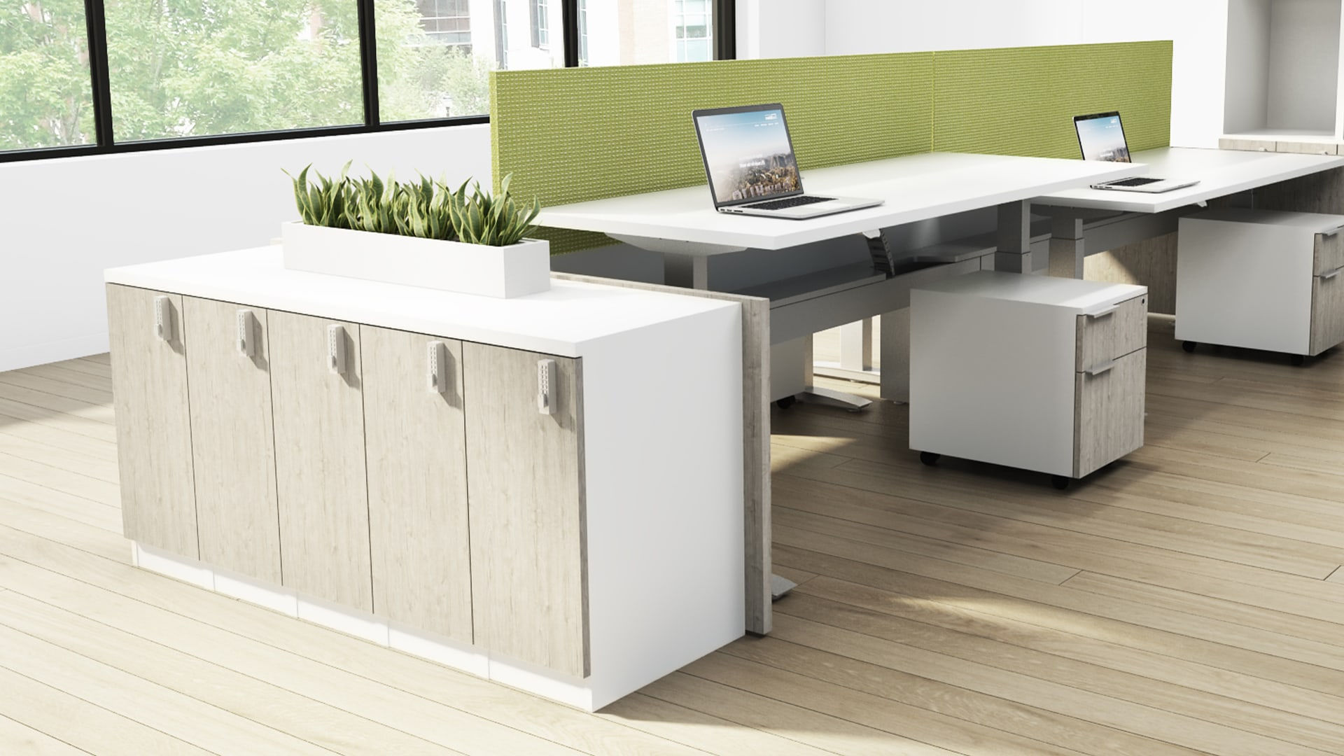 Modern office with a laptop on a white desk, ergonomic office chair.