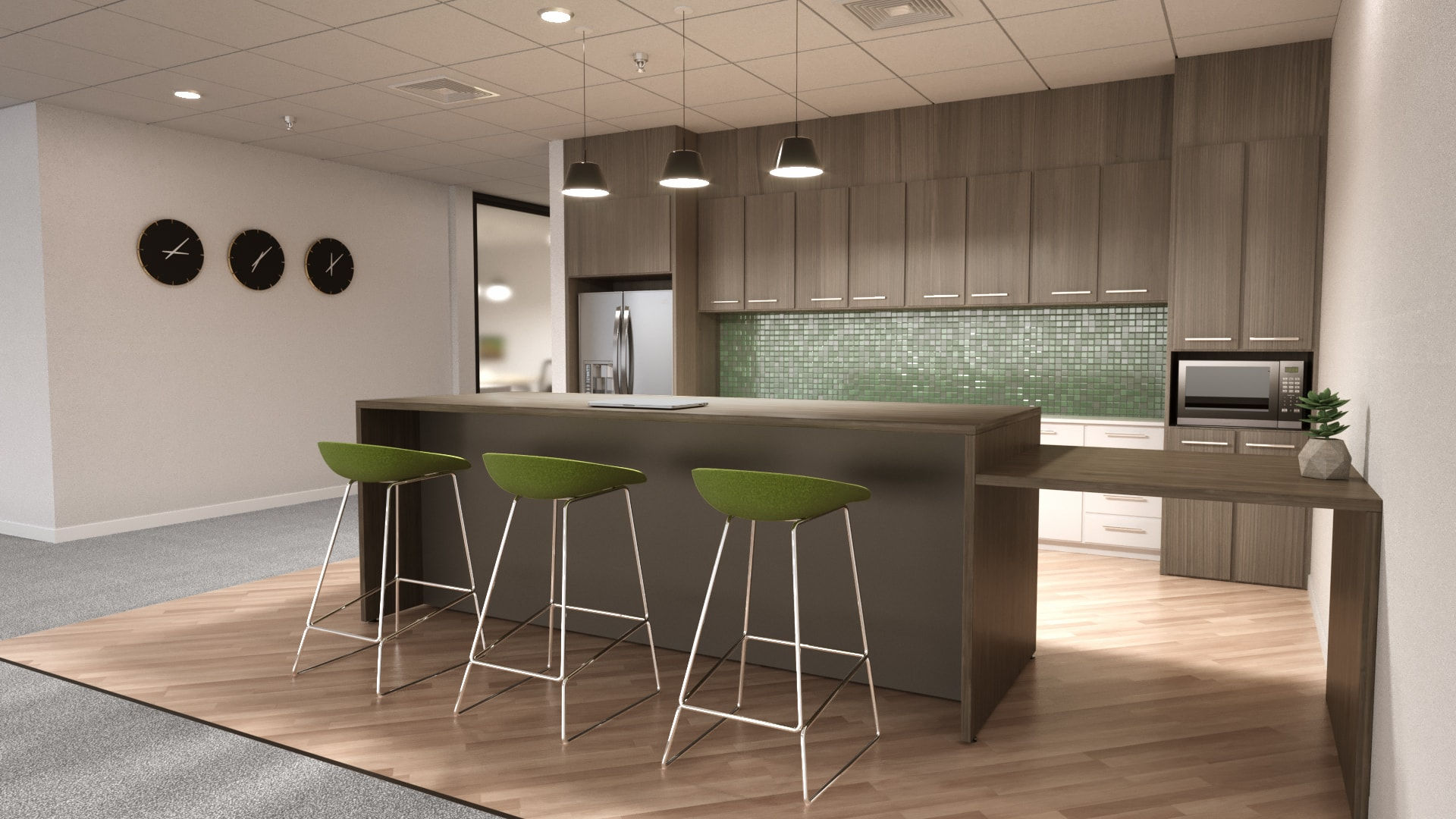 Modern kitchen with green bar stools around a counter and storage cabinets.