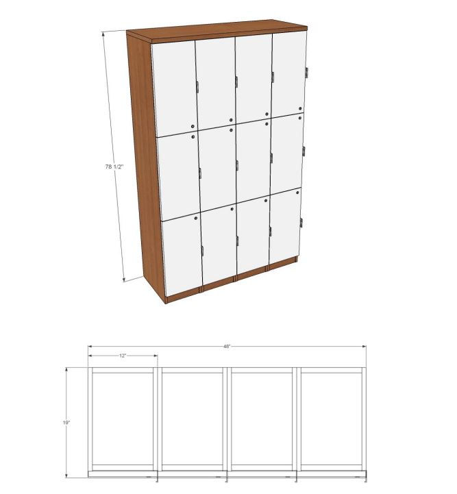 Thumbnail: White lockers with brown frames. A diagram with measurements included. Modern cubicle.