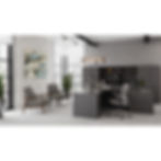 Modern office setup with desk, chair, seating and artwork, ergonomic office chair