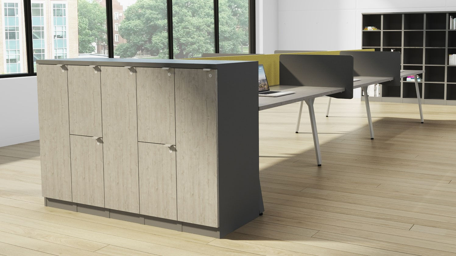 Modern office workstation with cabinet and desk in a well-lit office space.