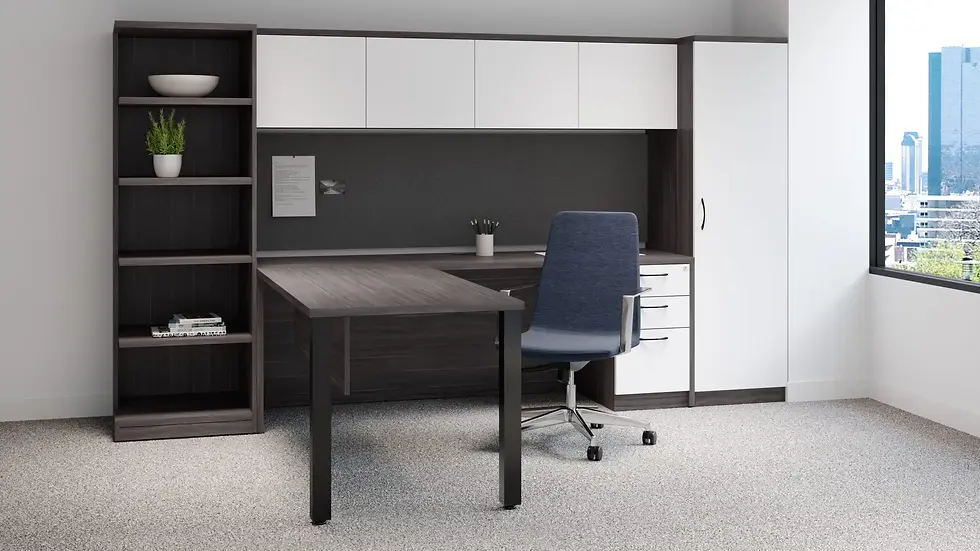 Modern office space with a desk, chair, cabinets and a 48" x 24" Adjustable Desk