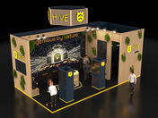 A mockup of a conference stall for Hive with people visiting, against a black background