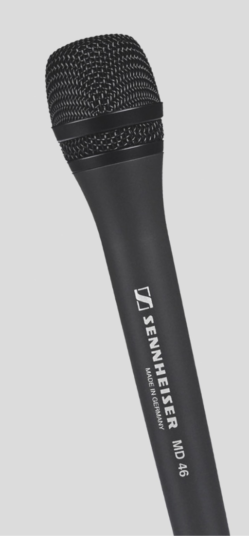 A black Sennheiser MD 46 microphone with visible logo and "Made in Germany" text on a plain white background.