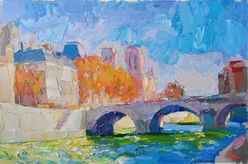 "Along Seine River" by Ruslan Khais Art captivates with its impressionistic style and vibrant urban scene. Defined by bold brushstrokes and a vivid palette of blues, oranges, and yellows, it evokes a lively city energy. A gracefully arched bridge centers the composition, connecting dynamic sky swirls and shimmering river reflections. The riverbank buildings, framed by autumn foliage, add warmth and contrast. This artwork draws viewers into an experience, celebrating the harmony between nature and urban life in a vibrant landscape.